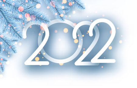 2022 Christmas blue spruce branches with bokeh lights. Vector festive illustration.のイラスト素材