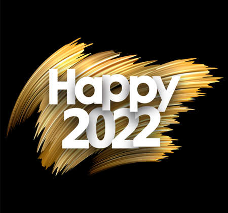 Happy 2022 sign over yellow and white brush strokes. Black background. Vector holiday illustration.のイラスト素材