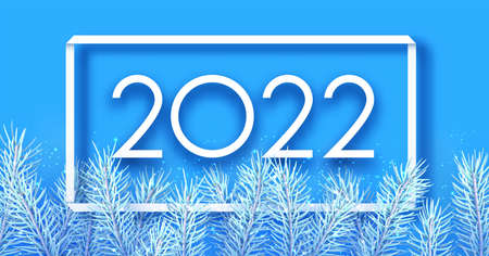 Hanging 2022 Christmas blue spruce branches. Square frame. Vector festive illustration.