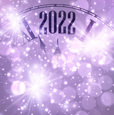 Half hidden purple clock showing 2022. Sparkling fireworks and bokeh lights. Vector festive illustration.のイラスト素材