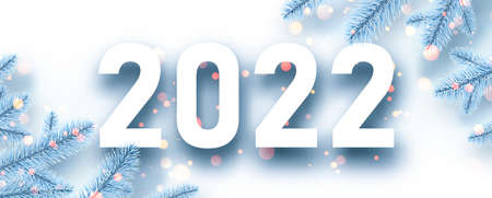 2022 Christmas blue spruce branches with frost. Bokeh lights. Vector festive illustration.