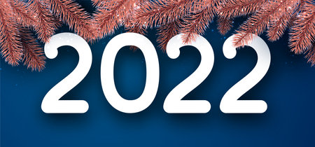 2022 sign with Christmas fir branches on top. Vector festive illustration.