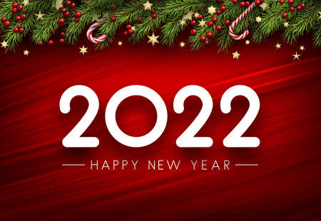 2022 sign on red brush strokes background. Spruce branches with red berries and sugar canes. Happy...