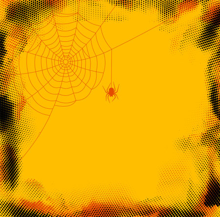 Orange and black halftone dotted square halloween frame. Spider with web. Space for text. Vector illustration.のイラスト素材