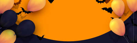 Orange rounded halloween background with yellow and purple balloons. Black flying bats. Vector festive illustration.のイラスト素材