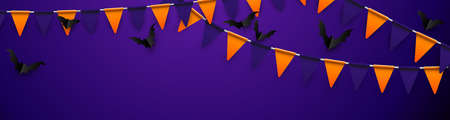 Orange and purple flags garland halloween background. Black paper bats. Space for text. Vector illustration.のイラスト素材
