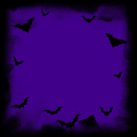 Black halftone dotted square frame. Halloween bats dark purple background. Space for text. Vector illustration.のイラスト素材
