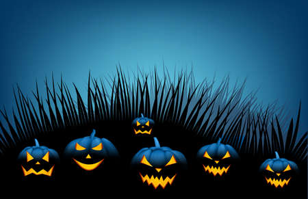 Pumpkin silhouettes with evil faces. Dark illustration outside in glass. Vector illustration.のイラスト素材