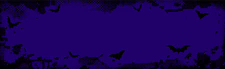 Black halftone dotted horizontal frame. Halloween bats dark purple banner background. Space for text. Vector illustration.のイラスト素材