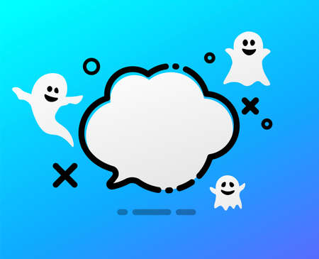Blue empty speech bubble with cute flying ghosts. Space for text. Vector illustration.のイラスト素材