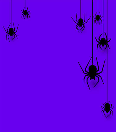 Hanging spiders halloween purple background. Poster, flyer, card template. Space for text. Vector holiday illustration.のイラスト素材