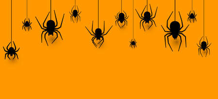 Hanging spiders halloween orange banner background. Space for text. Vector holiday illustration.のイラスト素材