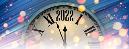 Creative clock hands showing 2022 year. Yellow and red bokeh lights on blue brushstrokes background. Vector holiday illustration.のイラスト素材