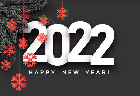 2022 sign with red hanging paper snowflakes and spruce branches. Vector holiday illustration.のイラスト素材