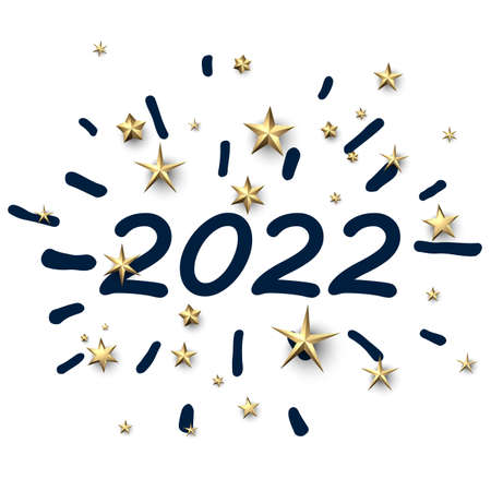 2022 sign with lines or paint splash and golden stars confetti. Vector festive illustration.