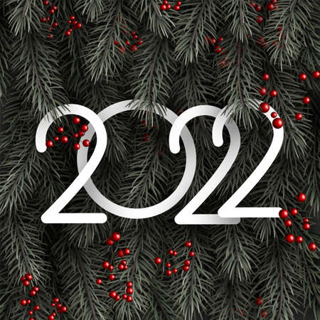2022 sign over fir branches with berries background. Vector festive illustration.のイラスト素材