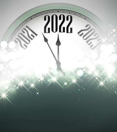 Half hidden green new year clock showing 2022. Gray and green blurred background. Vector illustration.のイラスト素材