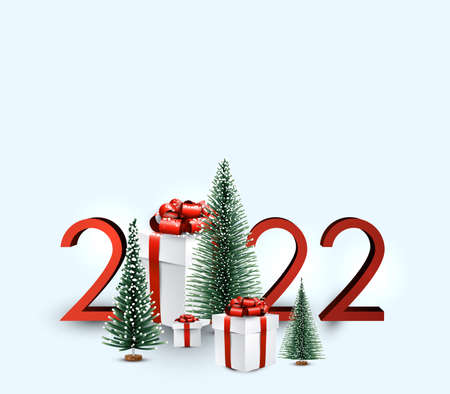 2022 Christmas background with firs in snow. White gift boxes with red ribbons. Vector holiday illustration.のイラスト素材