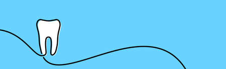 Single line drawn tooth outline. Continuous line. Blue background. Vector illustration.のイラスト素材