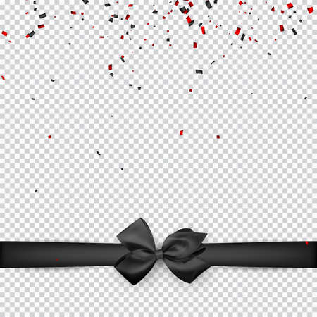 Black beautiful bow ribbon on transparent background. Black and red confetti. Vector illustration.のイラスト素材