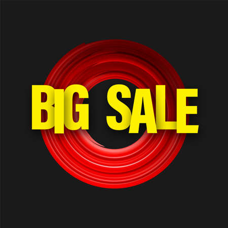 Yellow big sale sign over red brush stroke round background. Vector illustration.のイラスト素材