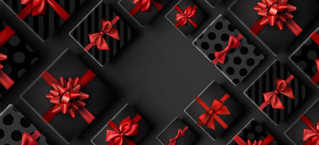 Gift boxes with red bow frame background. Space for text. Vector holiday illustration.
