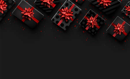 Black polka-dot and striped gift box with red bow. Black and red confetti. Space for text. Vector...