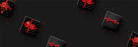 Square black polka-dot and striped gift box with red bow. Black and red confetti. Space for text....