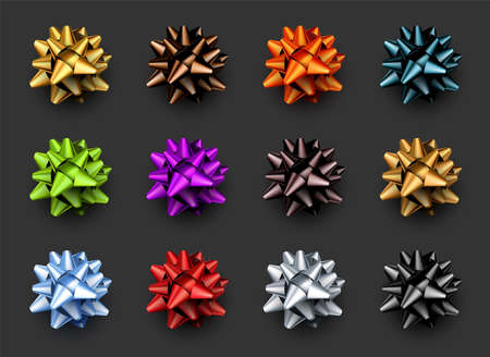 Set of foil isolated bows of different colors. Red, golden, green, blue, silver, black, purple. Vector illustration.のイラスト素材