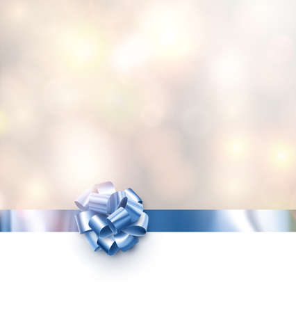 Blue foil ribbon with beautiful bow on bokeh background. Space for text. Vector illustration.のイラスト素材