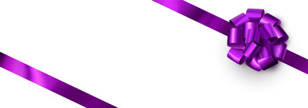 Purple foil ribbon with beautiful bow. Gift box decoration element. Space for text. Vector...