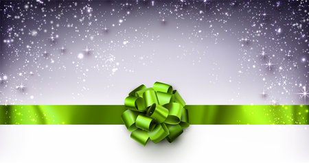 Green foil ribbon with beautiful bow on purple background with stars. Space for text. Vector illustration.のイラスト素材