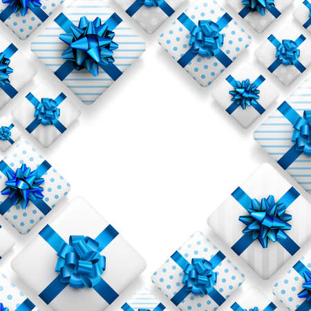 White striped and polka dot gift boxes with blue bow. Christmas, birthday, holiday frame. Top view. Vector illustration.のイラスト素材