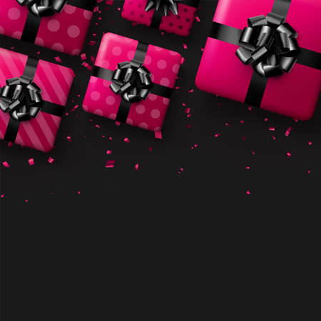 Pink polka dot and striped gift boxes with black bows and confetti. Christmas, birthday, Valentine's day, holiday frame. Top view. Vector illustration.のイラスト素材