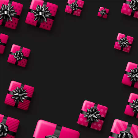 Pink polka dot and striped gift boxes with black bow. Christmas, birthday, Valentine's day, holiday frame. Top view. Vector illustration.のイラスト素材