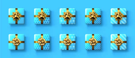 Set of blue gift boxes with golden bows. Christmas, birthday, Valentine's day present. Vector...