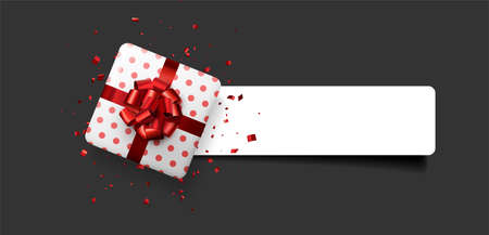 White gift box with red bow on white line. Space for text. Vector holiday illustration.のイラスト素材
