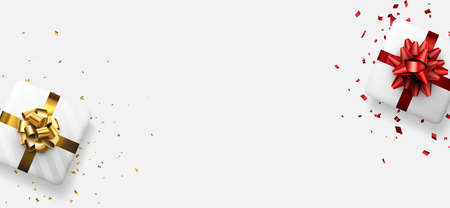 White gift boxes with red and golden bows. Christmas, birthday, wedding, Valentine's day present. Space for text. Vector holiday illustration.のイラスト素材