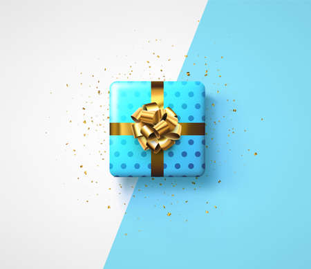 Blue polka dot gift box with golden bow. Christmas, birthday, Valentine's day present. Vector holiday illustration.のイラスト素材