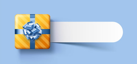 Yellow gift box with blue bow. Christmas, birthday, Valentine's day present. Space for text. Vector top view illustration.のイラスト素材