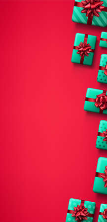 Green gift boxes with red bows frame. Christmas present. Space for text. Vector holiday top view...