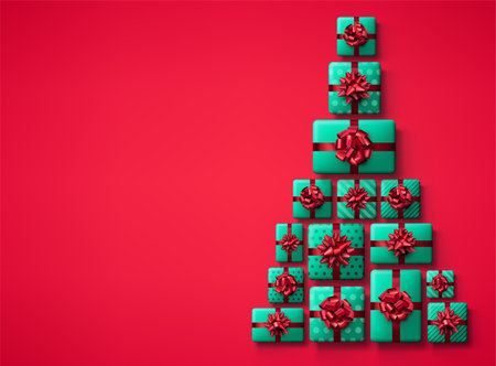 Green gift boxes with red bows in Christmas tree shape. Space for text. Vector holiday top view illustration.のイラスト素材