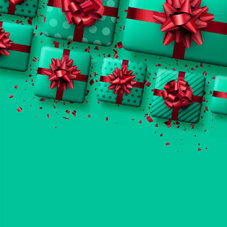 Green gift boxes with red bows and confetti. Space for text. Vector holiday top view illustration.のイラスト素材