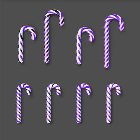 Set of realistic white and purple candy canes. Light gray background. Vector holiday illustration.のイラスト素材