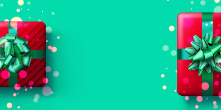 Christmas red gift box on green background with bokeh. New Year present. Space for text. Vector holiday illustration.のイラスト素材