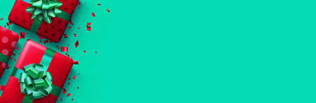 Christmas red polka dot gift boxes on green background. New Year presents. Space for text. Vector holiday illustration.のイラスト素材