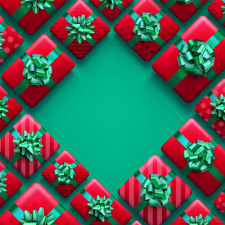 Christmas red gift boxes on green background. New Year presents. Space for text. Vector holiday illustration.のイラスト素材
