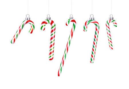 Hanging Christmas white, red, green candy canes. Vector holiday illustration.のイラスト素材