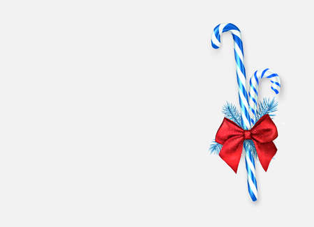Two striped candy cane sticks with blue fir branch and red bow. Sale tag. Vector holiday illustration.のイラスト素材