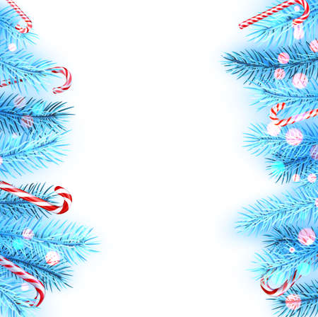 Blue spruce branches with candy canes and bokeh lights. Space for text. Vector holiday illustration.のイラスト素材